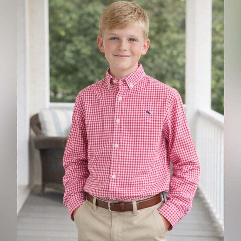 Vineyard Vines Red Gingham Performance Button Down Shirt Boys Size L (14-16)